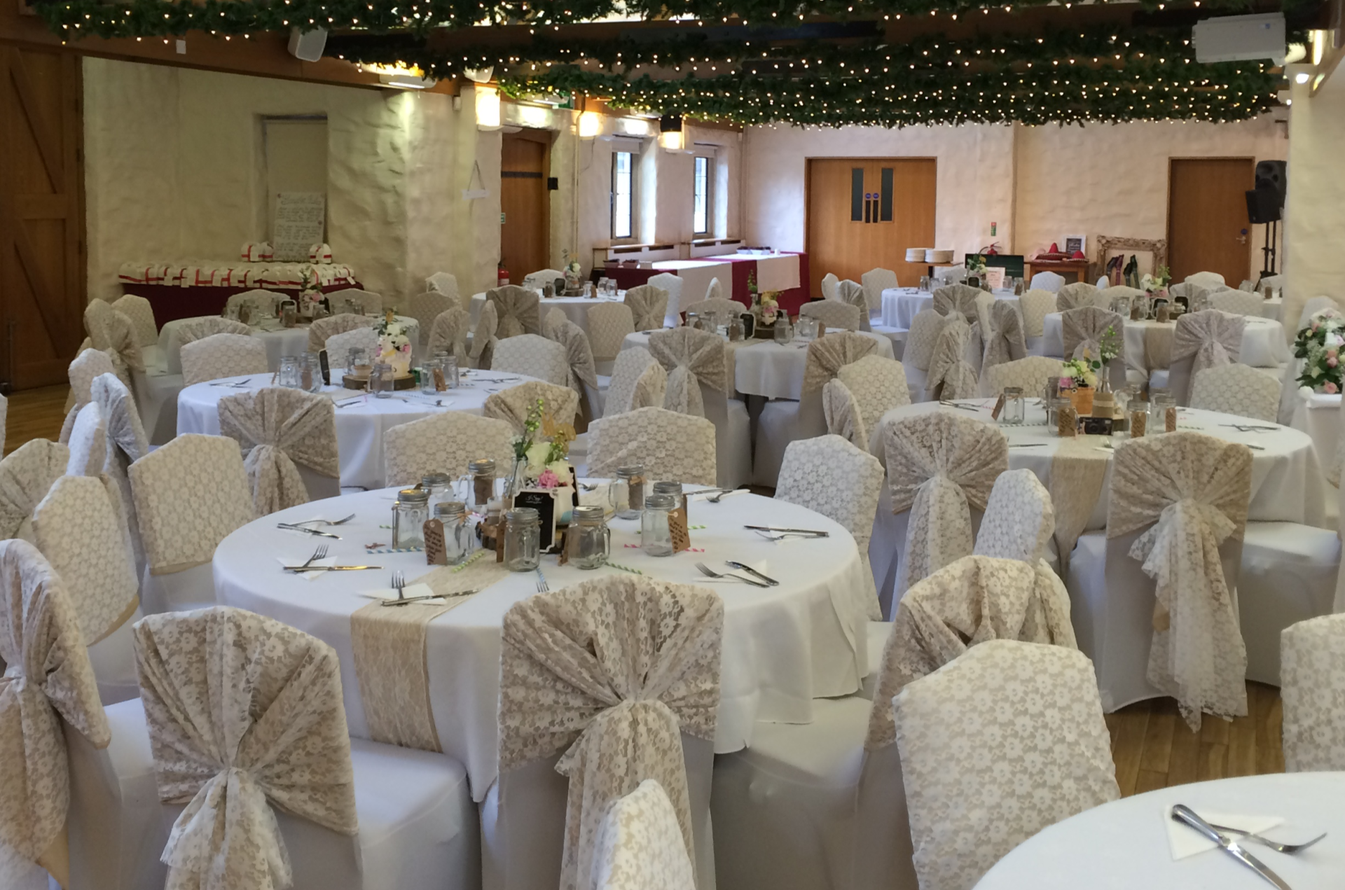 Wedding setup in barn- wide view