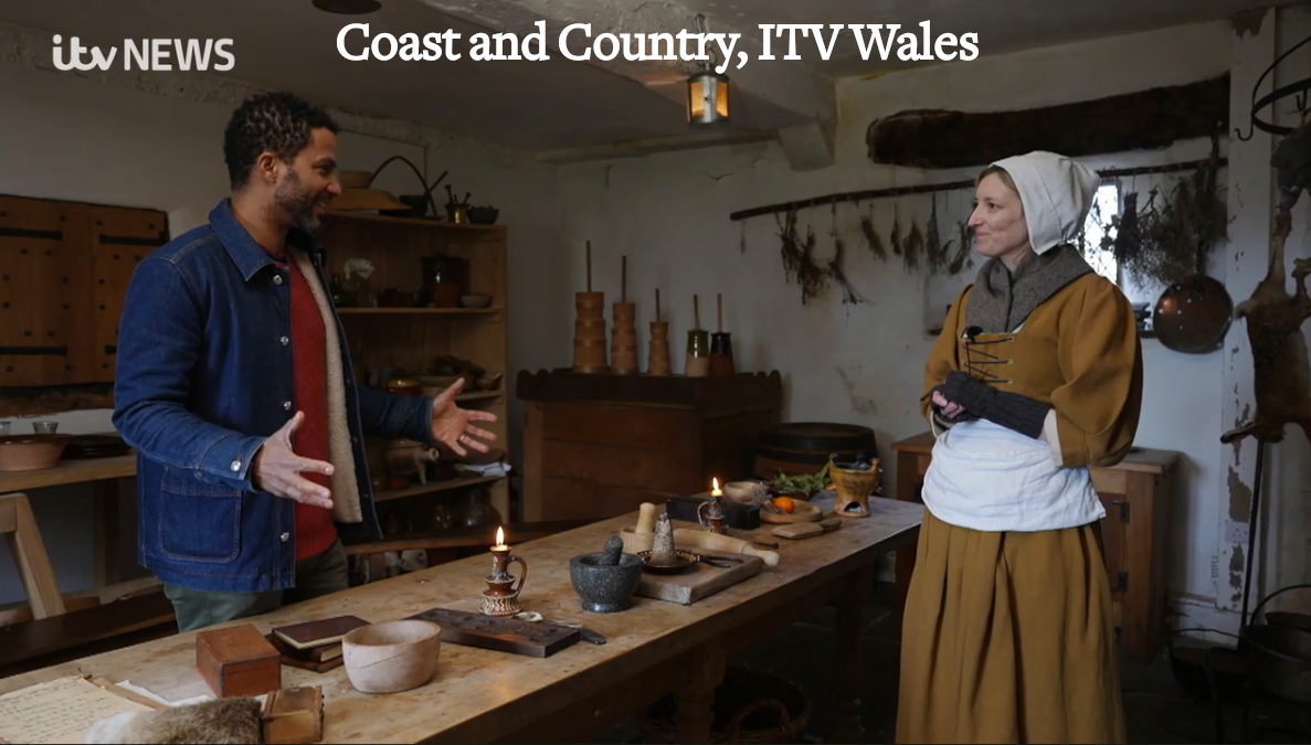 Llancaiach historic interpreters being interviewed on Coast and Country, ITV Wales